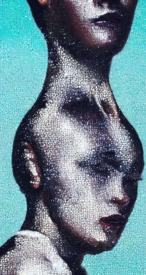 Prompt: hyperrealism oil painting, extreme close-up portrait of black nun fashion model, close up melted cyborg, ocean pattern mixed with star sky, in style of classicism mixed with 70s japan book art