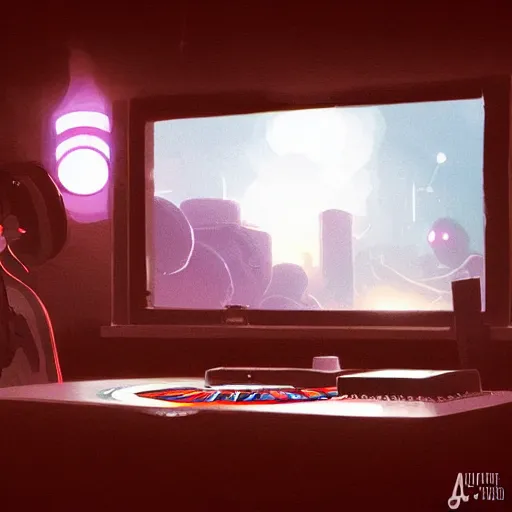 Image similar to hand drawn cute hardcore music dj, playing music for online streaming, detailed face, concept art, low angle, high detail, warm lighting, volumetric, godrays, vivid, beautiful, trending on artstation, by jordan grimmer, huge scene, art greg rutkowski