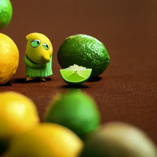 Image similar to a cinematic fill still from a 2022 Pixar movie about anthropomorphic lemons and limes, in the style of Pixar, shallow depth of focus