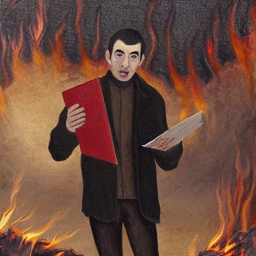 Image similar to nathan fielder walking around hell!!! holding a notepad, dante's inferno!!! medieval painting, oil painting