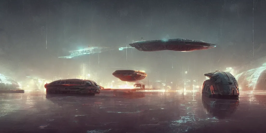 Image similar to scifi soviet cargo spaceship in heavy armor, liminal space around, puddles of water, by simon stalenhag, by ian pesty and alena aenami and makoto shinkai, concept art, matte painting, washed colors,