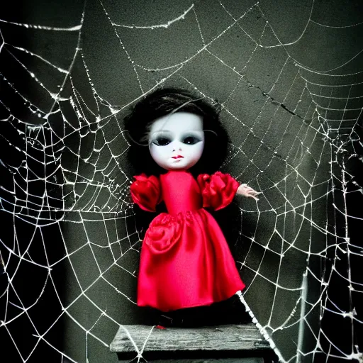 Image similar to photo of porcelain doll with glowing red eyes and rosebud lips, satin vintage clothing, locks of raven hair that goes past her feet, standing spooky mansion stairs with spider webs, photorealistic, cool colors, bokeh, specks of dust, depth of field 20mm,