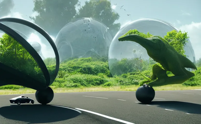 Prompt: a spherical car driving down the road, t - rex and humans dancing in the background, smoky, green hills, many interstellar plants, futuristic concept design, airy landscape, high detail rendering by octane, unreal engine, 8 k, cinematic grade.