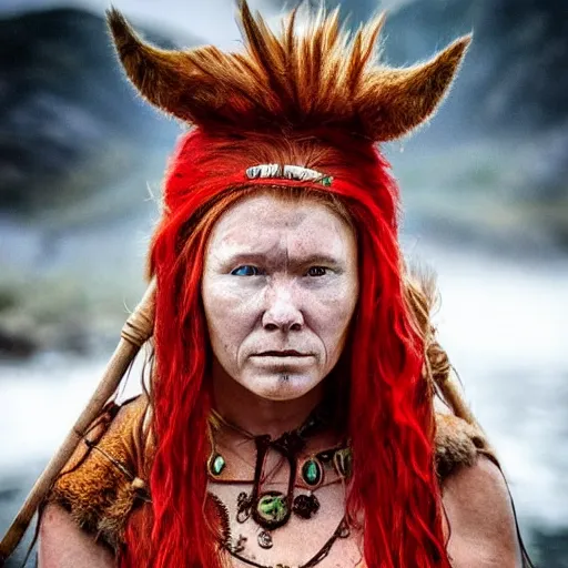 Image similar to Viking woman tribal, red hair,, photograph, national geographic, award winning.