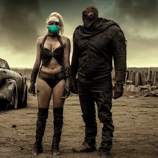 Image similar to a very huge, very big masked mutant man standing next to a very small blonde woman, they are staring at the horizon where there are the ruins of a city, postapocalyptic, mad max style, movie still