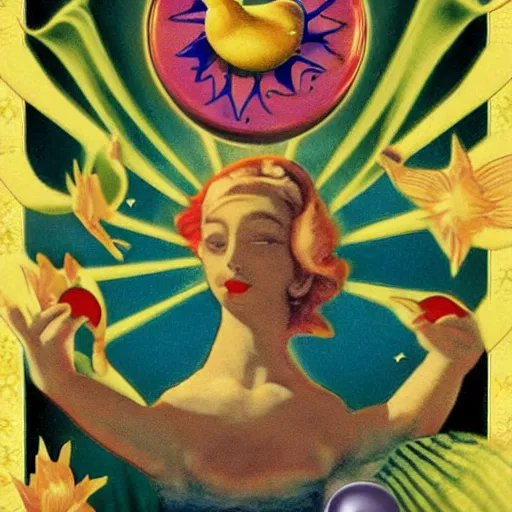 Image similar to the sun tarot card by freida harris, 1 9 5 0 s rubber duck floating on astral plane, 3 d render unreal engine