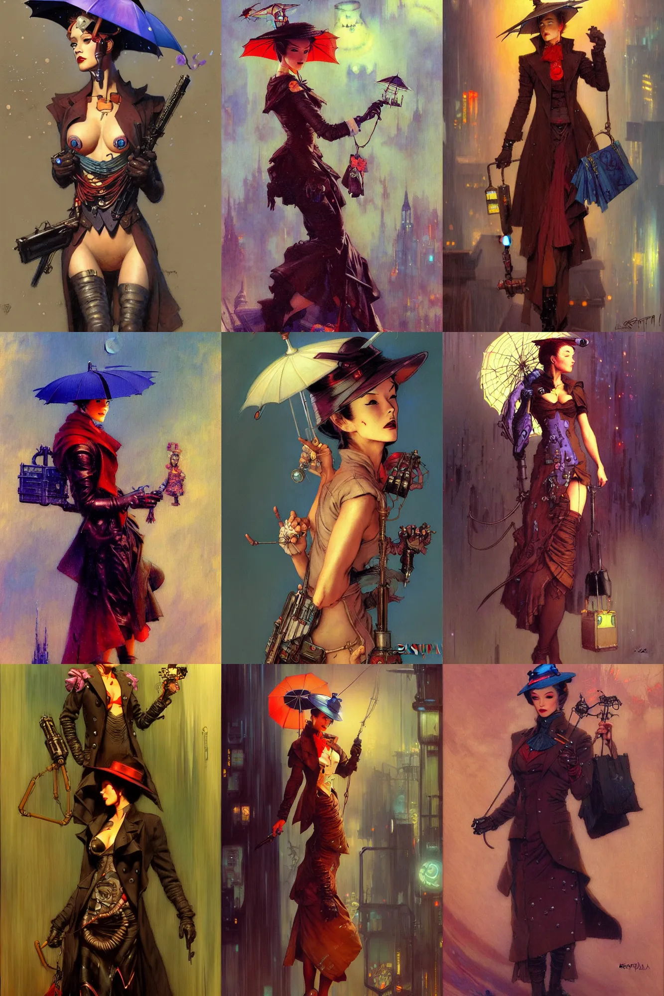 Prompt: cyberpunk mary poppins, character design, painting by gaston bussiere, katsuya terada, frank frazetta, tom of finland, trending on artstation