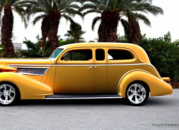 Image similar to 1 9 3 7 pontiac sedan, two tone, tan, palm trees in the background