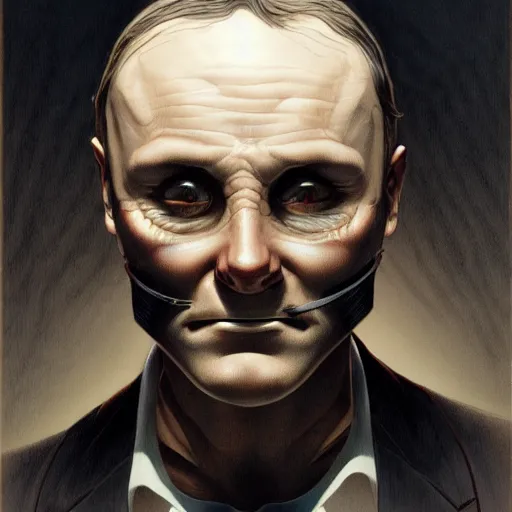 Image similar to hannibal lector, in the style of gerald brom, symmetry, smooth, sharp focus, semi - realism, intricate detail