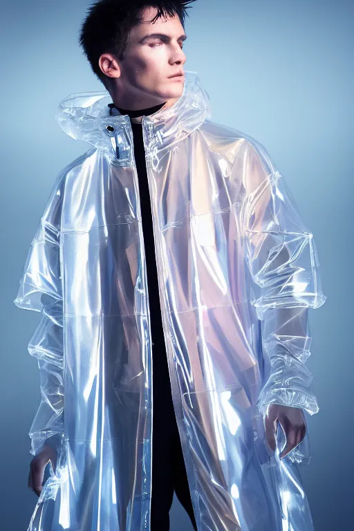 Image similar to an ultra high definition professional high fashion portrait studio full length photograph of a male model wearing a transparent pearlescent raincoat and neon visor in an icelandic black rock environment at dawn. no artefacts. extremely detailed. stark. refraction. shallow depth of field. volumetric light and shadow. ray tracing. light rays.