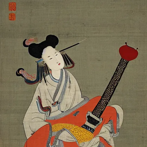 Prompt: the Chinese ancient painting of a lady playing rock guitar in Tang Dynasty , by Han Xizai