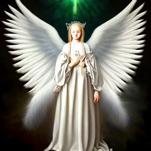 Image similar to highdetailed hyperrealistic painting of white angel!!! no gender!!!, giant ball of miracle light from the chest!!!!!, white sparkles everywhere, 4 k hd fur face!!!, big wings, by jan van eyck, holography space, glow effect, large strokes, white monochrome color!!!!!