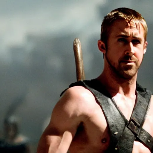 Prompt: Ryan Gosling this is sparta scene in the movie 300