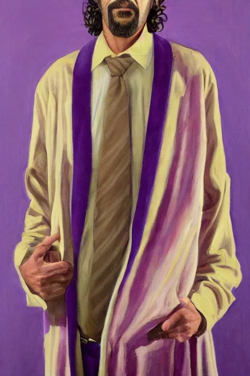 Image similar to Isaak Brodsky portrait painting of John Turturro as the Jesus from The big Lebowski, wearing purple felt bowling suit, realism