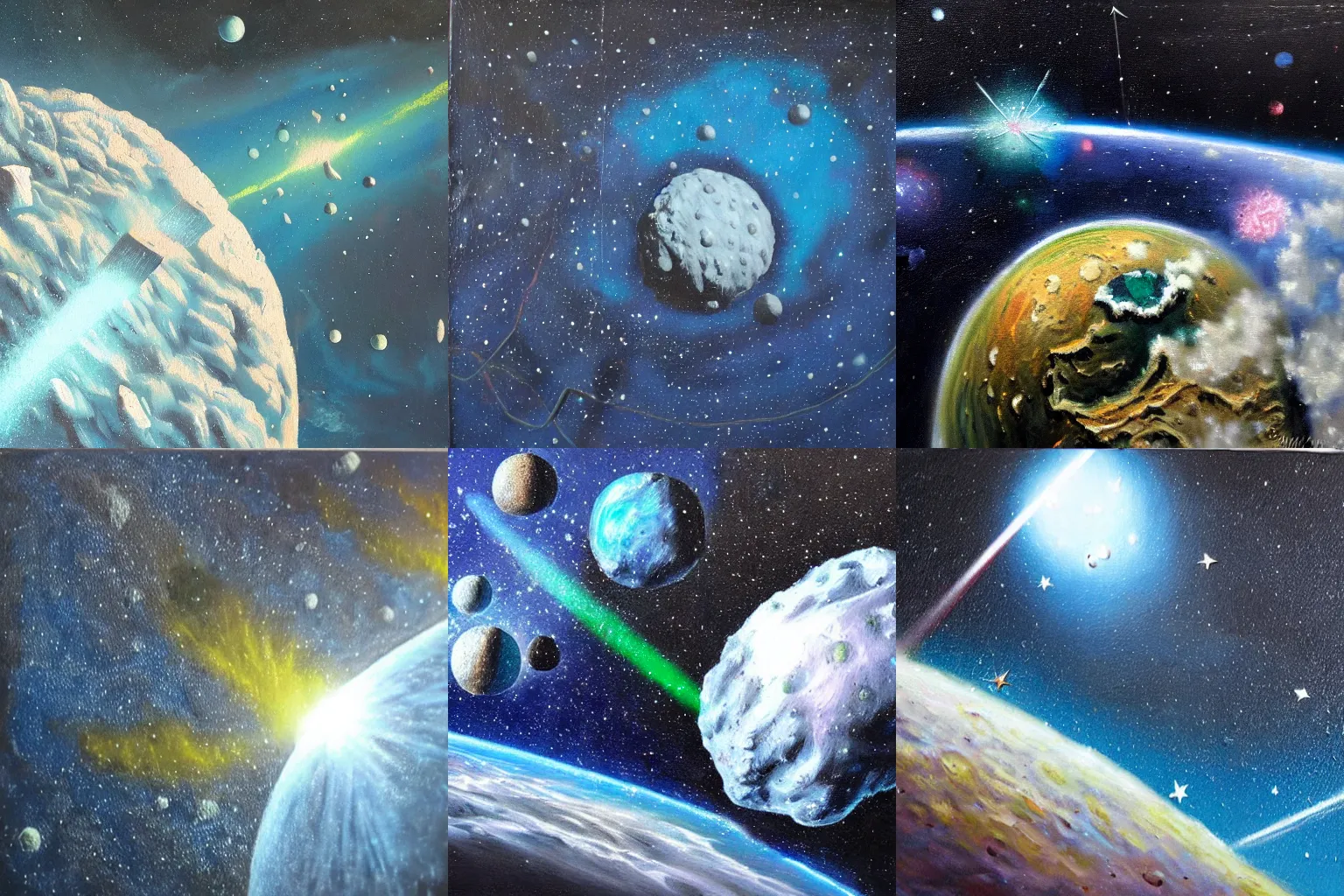 Prompt: a shower asteroids hitting a planet, from outer space, detailed oil painting