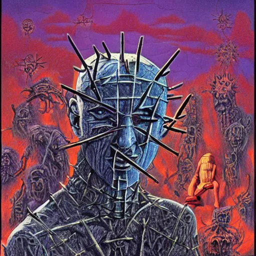 Prompt: a matte painting of hellraiser puzzle box floating above skinned man in hell by clive barker and alex grey and michael whelan