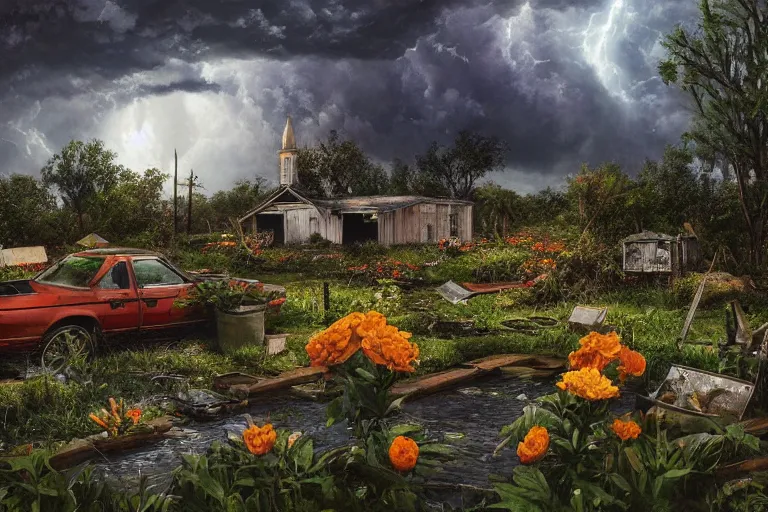 Image similar to hyperrealism, scene from church, thunderstorm, starship, junkyard, louisiana swamps, orange blooming flowers garden, 8 k, 8 0 s japanese sci - fi books art