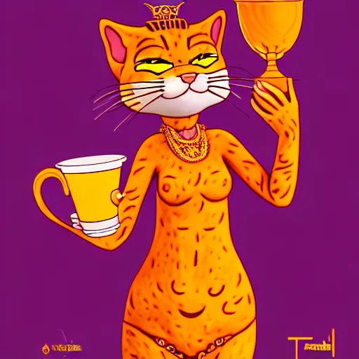 Prompt: fullbody!! personification of garfield the cat as a goddess holding a blood chalice and lasagna, detailed, stunning, cat face, hyperrealistic, trending on artstation, smooth and sharp, intricate, fine details, highly detailed, elegant, angular, altermodern, radiant light, detailed and intricate environment, professional character concept art by tatyana kupriyanova