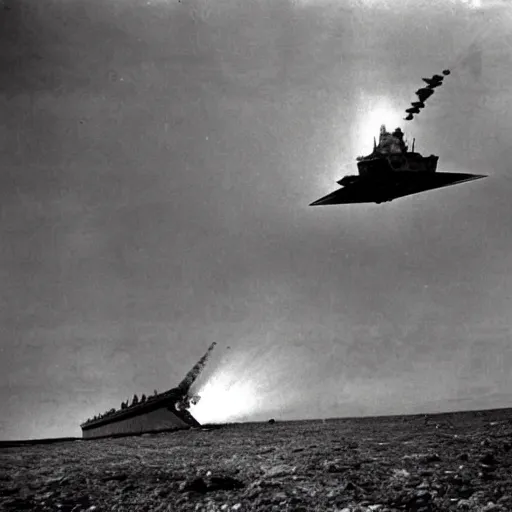 Prompt: an old ww2 photograph of a star destroyer crashing into earth