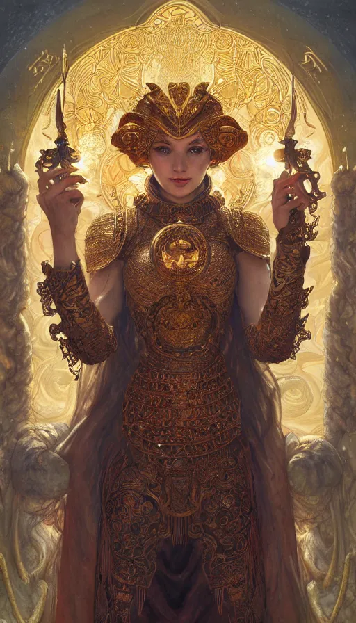 Prompt: masterpiece, aries fiery ram tarot, holy light, intricate armor, elegant, highly detailed, digital painting, artstation, concept art, smooth, sharp, focus, illustration, art by artgerm , james jean, gustav klimt, greg rutkowski, and alphonse mucha