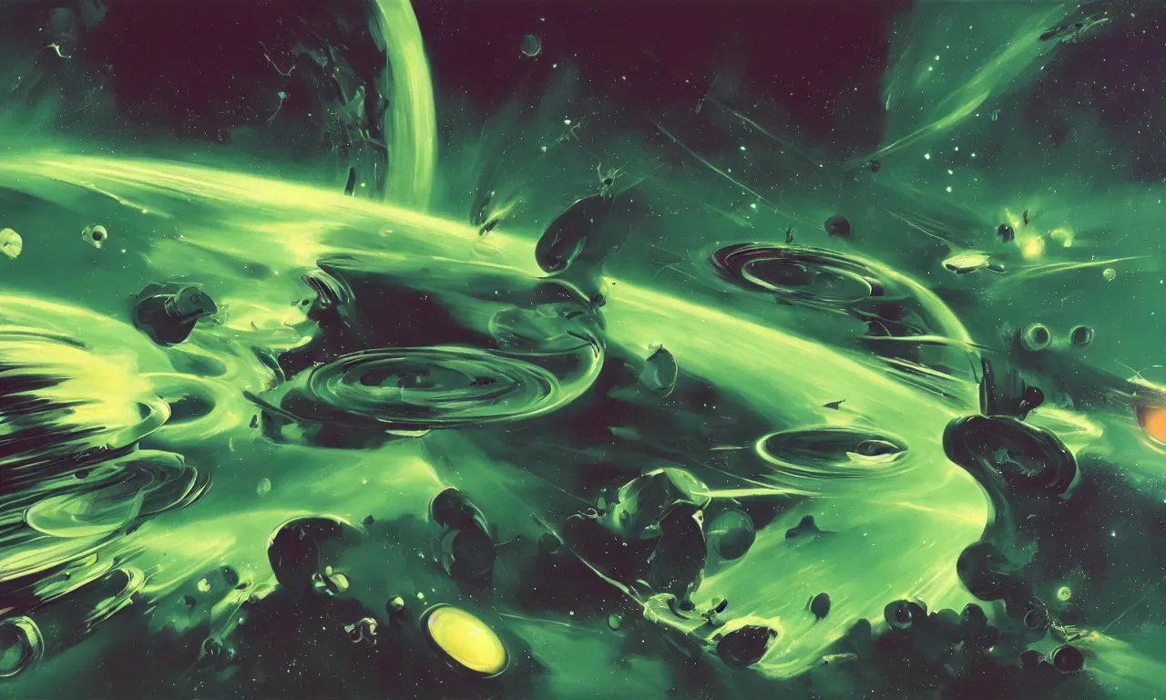 Prompt: Green nebula without planets in deep space by Syd Mead, Federico Pelat