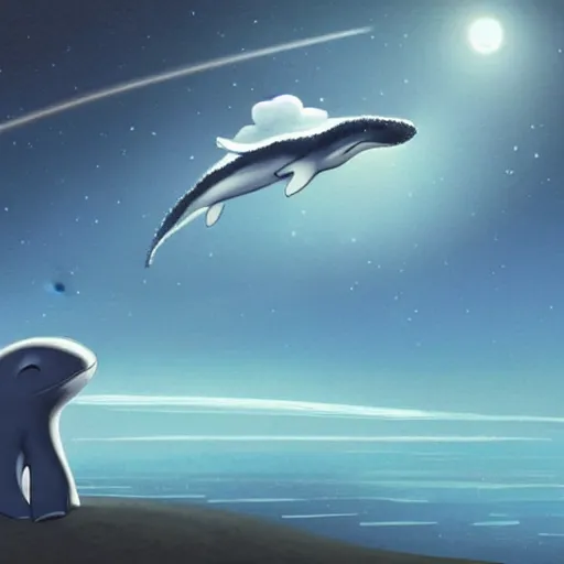 Image similar to a whale alien wistfully watches a spaceship fly away, sci-fi illustration,