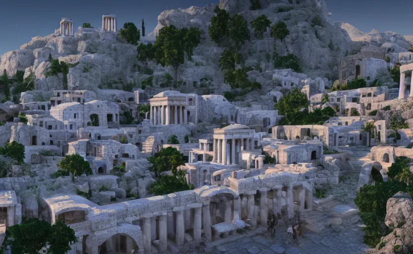 Prompt: ancient greek inspired robotic village, white, purple roofs, beams, tubes, pipes, built on a steep hill, on top of the hill is a greek temple, pillars, technology, in the style of Pixar, hyper realistic, Unreal Engine 5, octane render, trending on art station