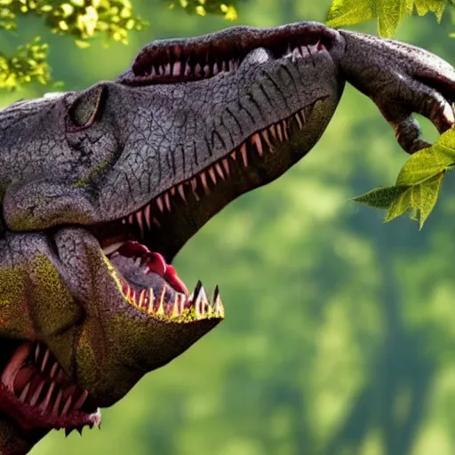 Prompt: T-Rex trying to reach Cherry tree over electric fence, cinematic, high resolution