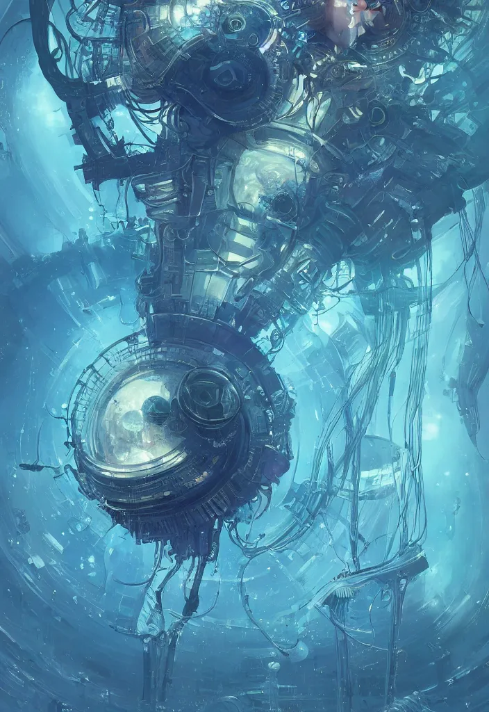 Image similar to Panorama hyper detailed painting of a cyberpunk jellyfish, blue tones, underwater, 8 mm, highly detailed, digital painting, artstation, concept art, smooth, sharp focus, illustration, art by artgerm and greg rutkowski and alphonse mucha