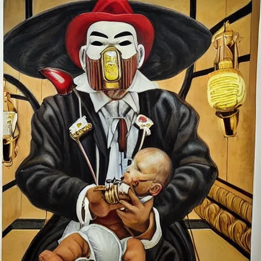 Image similar to hyperrealism oil painting of a handsome man, strong jaw, symmetrical, sitting in a gilded throne, tubes coming out of the man's arm, getting a blood transfusion from a baby. plague doctor in the background. in the style of brutalism mixed with retro japanese book art