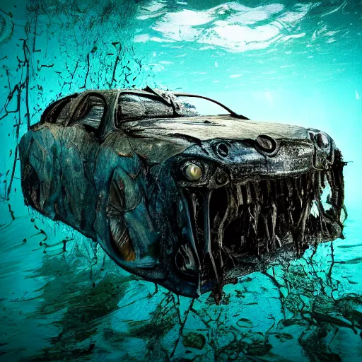 Prompt: A hyperdetailed photograph of a damaged and withered animatronic submerged under the water, HD, 8K resolution