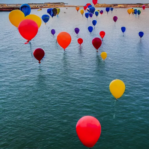 Image similar to photo of a lot of birthday balloons floating above a beautiful maritime port in bretagne. sharp focus, highly - detailed, award - winning