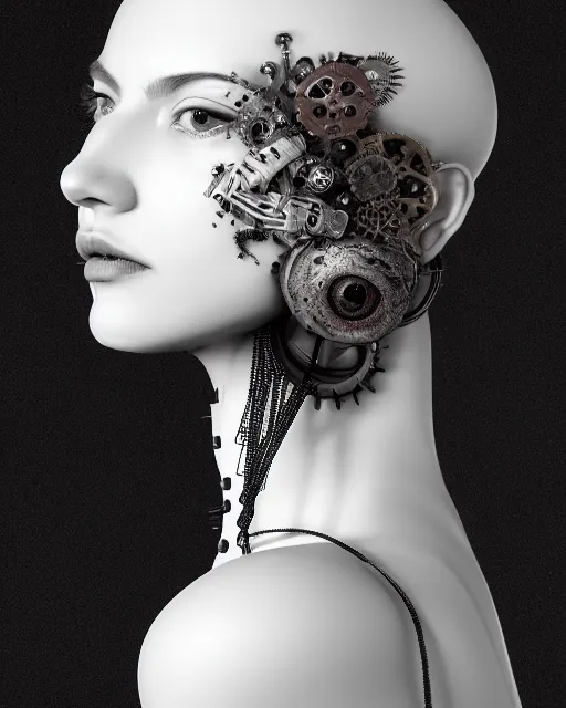 Image similar to black and white dreamy foggy profile face portrait, one steampunk eye biomechanical beautiful young female cyclope - cyborg - robot bust, body ribs meshes,, volumetric light, hibiscus flowers, by hg giger, rim light, by dora maar and cecile beaton, big gothic fashion pearl embroidered collar, 8 k