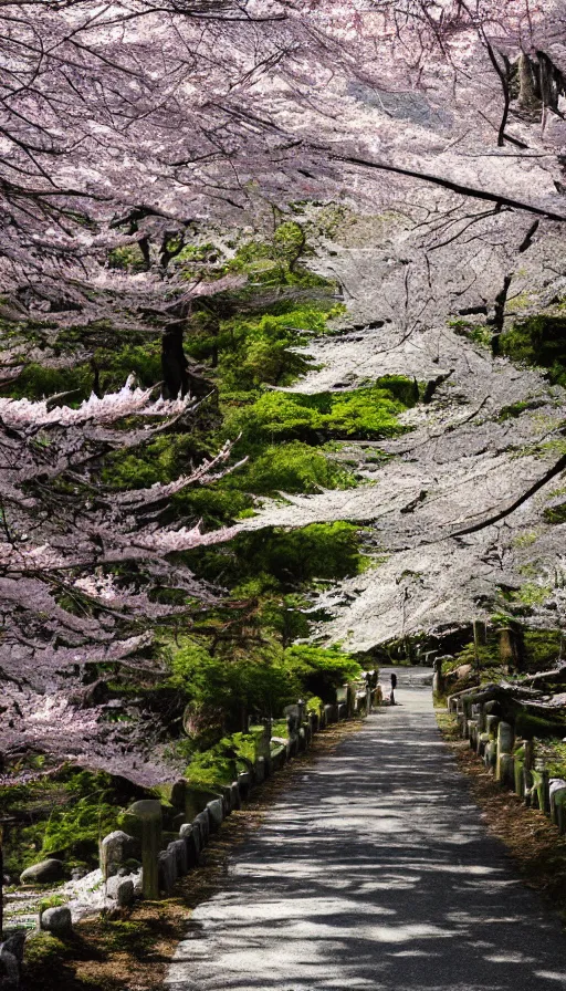 Image similar to a shinto shrine path atop a mountain,spring,sakura trees,beautiful,nature,distant shot,random point of view