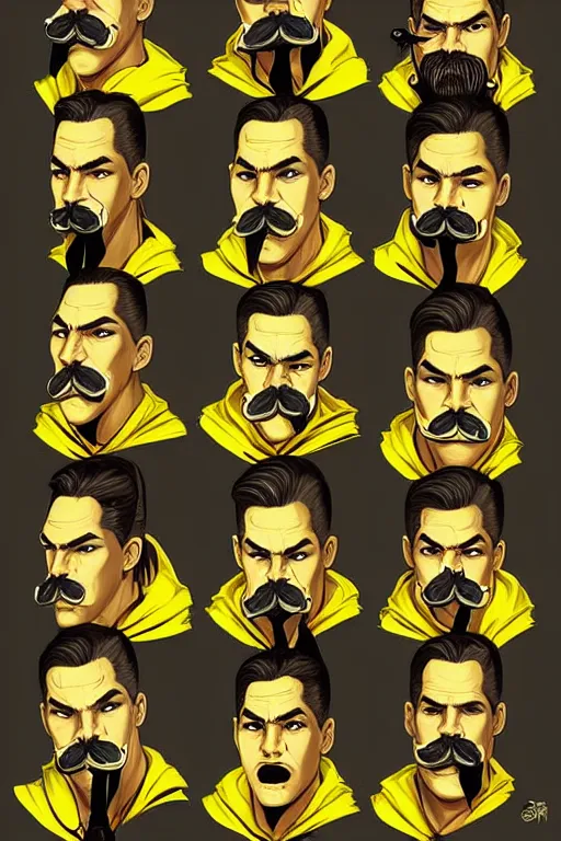 Image similar to saints street gang wear yellow bandanas, and some of them have thick mustaches, full body portrait, artgrem, illustration, concept art, pop art style, dynamic comparison, fantasy, bioshock art style, gta chinatowon art style, hyper realistic, face and body features, without duplication noise, hyperdetails, differentiation, sharp focus, intricate