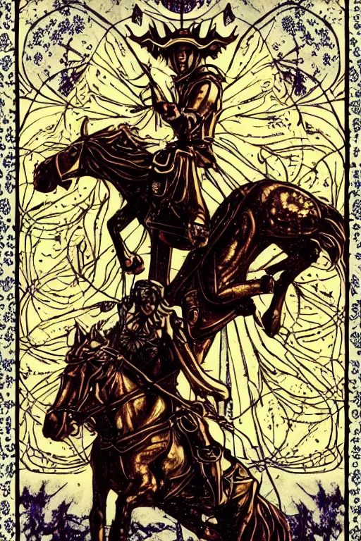 Prompt: self - transforming machine elf riding horse and holding chalice in the style of nordic noir television, dmt fractal tiling across the background, double exposure film, kodak portra film burn, knight of cups, vintage etteilla tarot