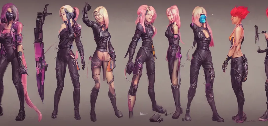 Image similar to character sheet concept art of female video game characters, renaissance, futurepunk, bright, parkour, rebel, by marc brunet and artgerm