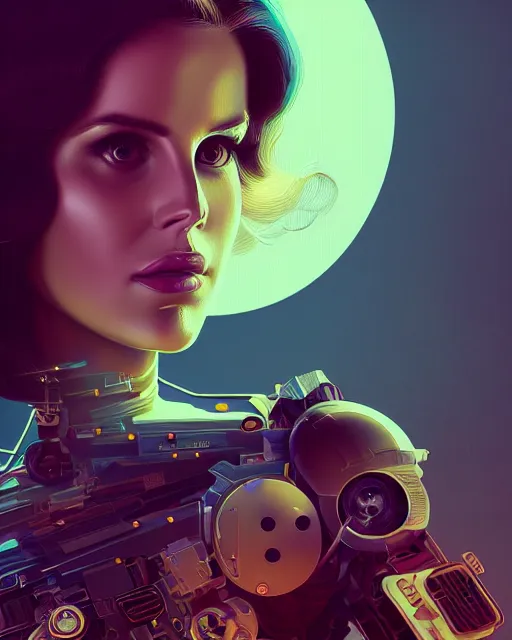 Image similar to portrait of lana del rey as a cyborg. intricate abstract. intricate artwork. by tooth wu, wlop, beeple, dan mumford. octane render, trending on artstation, greg rutkowski very coherent symmetrical artwork. cinematic, hyper realism, high detail, octane render, 8 k, iridescent accents