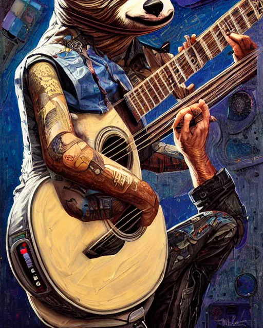 Image similar to a portrait of an anthropomorphic cyberpunk sloth strumming a 1 2 string acoustic guitar by sandra chevrier, by jon foster, detailed render, tape deck, epic composition, cybernetics, 4 k realistic, cryengine, realistic shaded lighting, sharp focus, masterpiece, by enki bilal