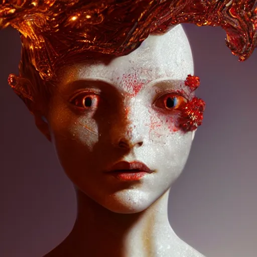 Image similar to abstract highly detailed female sculpture drawing made of white marble and red crystals quartz and minerals, ethereal lights, fine details, artstation, digital paint, fantasy, cinematic photoshooting, illustration, 8 k, intricate golden filigree, octane render, hypperrealistic painting, abstract liquid, concept art, painting by james gilleard and minna sundberg