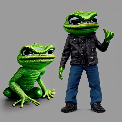 Image similar to perfectly accurate miniature figure of pepe the frog wearing jeans and a black leather jacket, soft textures, skin texture, clothing, 3d sculpture, textured, fine detail, lifelike, photo, high resolution, octane render, post processing, after effects, trending on artstation