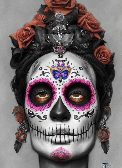 Image similar to digital _ painting _ of _ dia de los muertos _ by _ filipe _ pagliuso _ and _ justin _ gerard _ symmetric _ fantasy _ highly _ detailed _ realistic _ intricate _ port