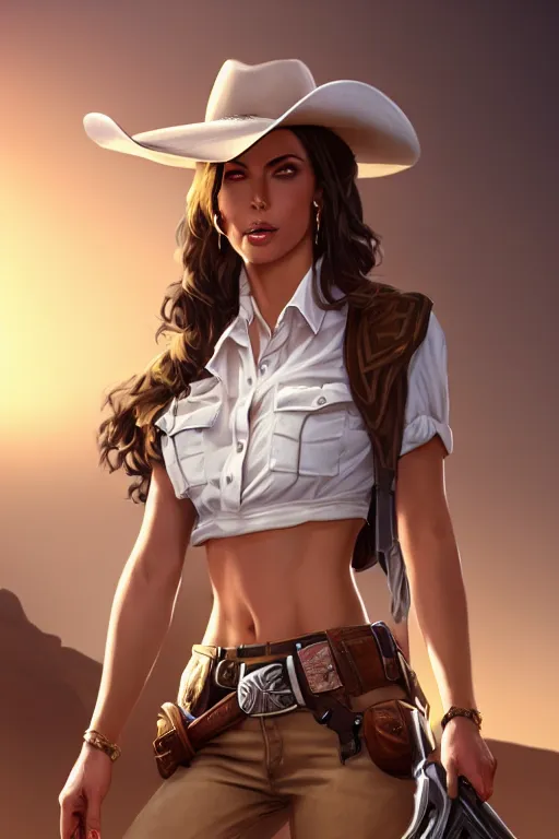 Image similar to full body, female cowgirl, perfect face, white blouse, empty gun holster, 8 k, magic the gathering, desert, d & d, artstation, high detail, smooth, muscular