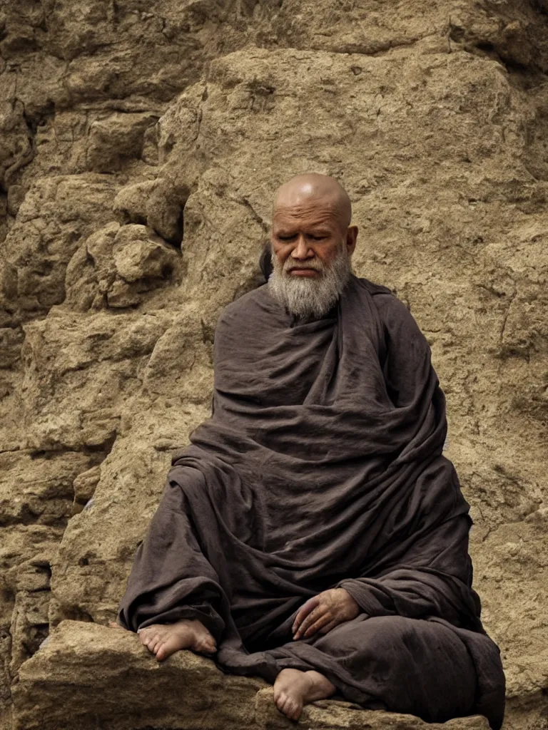 Image similar to hyperdetailed full length portrait of an ancient old monk sitting in contemplation on a singular rock, closed eyes, sharp small focus on the highly detailed monk face, minimalistic scenery, by ridley scott, cinematic light, 4k , diviant art