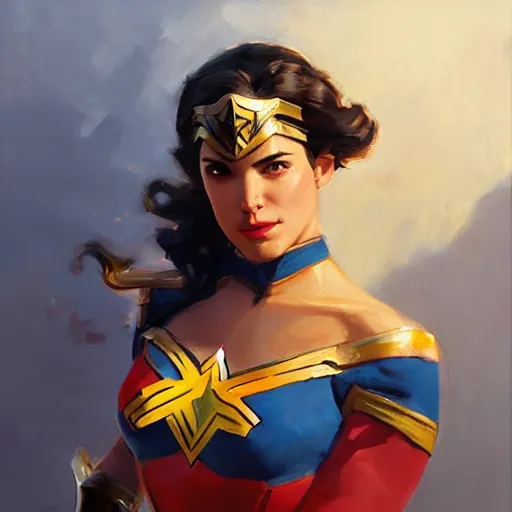 Image similar to greg manchess portrait painting of wonderwoman as overwatch character, medium shot, asymmetrical, profile picture, organic painting, sunny day, matte painting, bold shapes, hard edges, street art, trending on artstation, by huang guangjian and gil elvgren and sachin teng