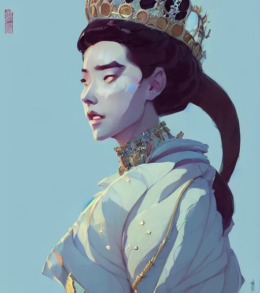 Image similar to portrait of a female immortal queen in amazing dress 汉 服 by atey ghailan, by greg rutkowski, by greg tocchini, by james gilleard, by joe fenton, by kaethe butcher, dynamic lighting, gradient light blue, brown, blonde cream and white color scheme, grunge aesthetic