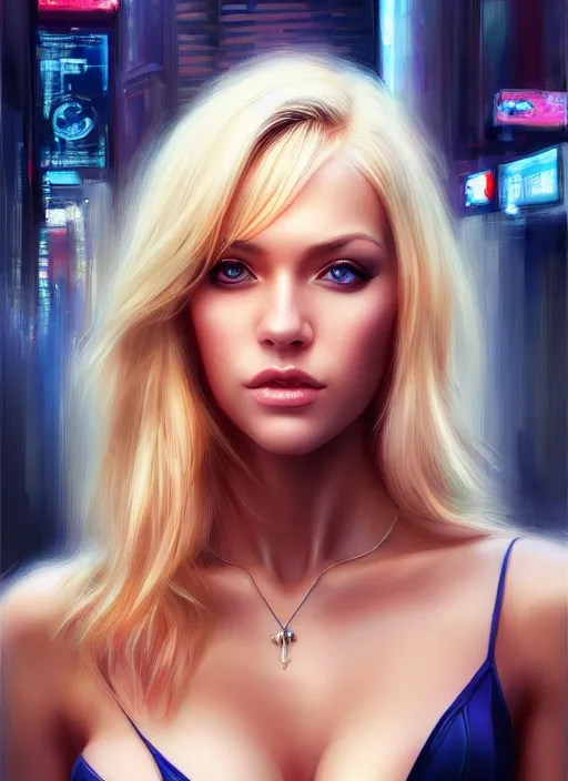 Prompt: photo of a gorgeous blonde female in the style of stefan kostic, realistic, half body shot, sharp focus, 8 k high definition, insanely detailed, intricate, elegant, art by stanley lau and artgerm, cyberpunk city backgeound