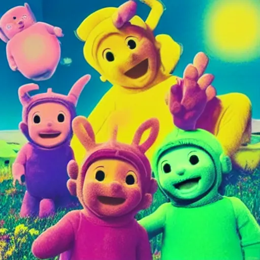 Prompt: Teletubbies Tame Impala album cover art