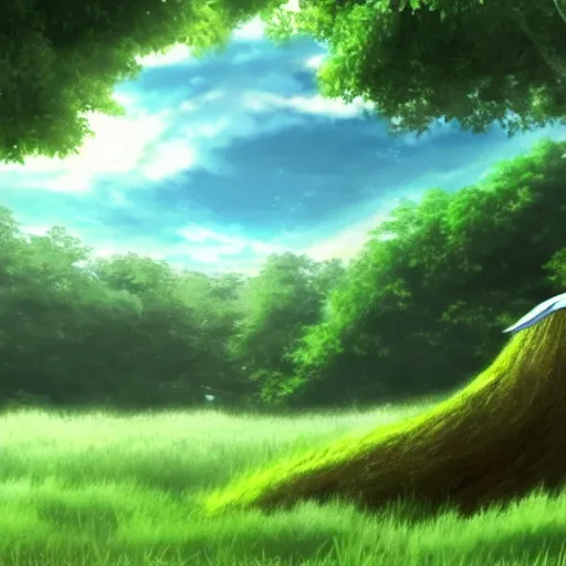 Prompt: white whale flying near giant tree in the green field, anime, HD,