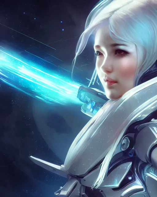 Image similar to perfect android girl on a mothership, warframe armor, beautiful face, scifi, futuristic, galaxy, nebula, raytracing, dreamy, long white hair, blue cyborg eyes, sharp focus, cinematic lighting, highly detailed, artstation, divine, by gauthier leblanc, kazuya takahashi, huifeng huang